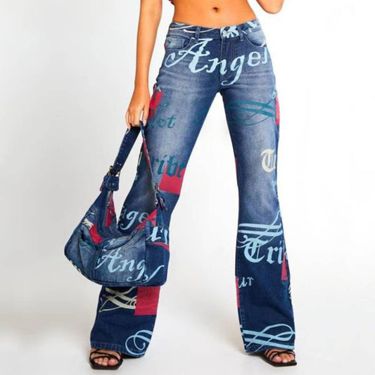 Letter Print Wide Leg Straight Denim Jeans