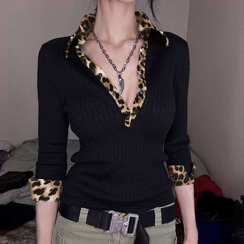 VINTAGE PATCHWORK LEOPARD POLO-NECK KNIT T-SHIRT