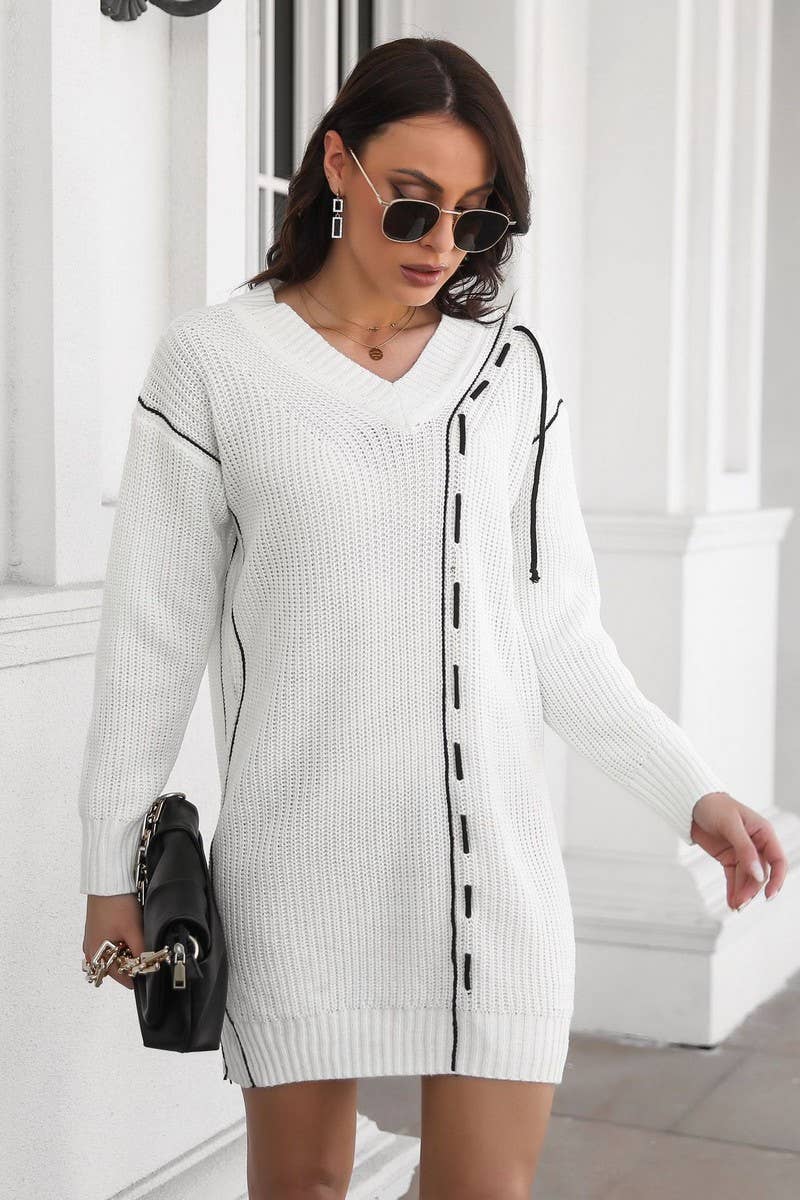 CWDSD7333_LOOSE NEW V-NECK LONG-SLEEVED SWEATER DRESS