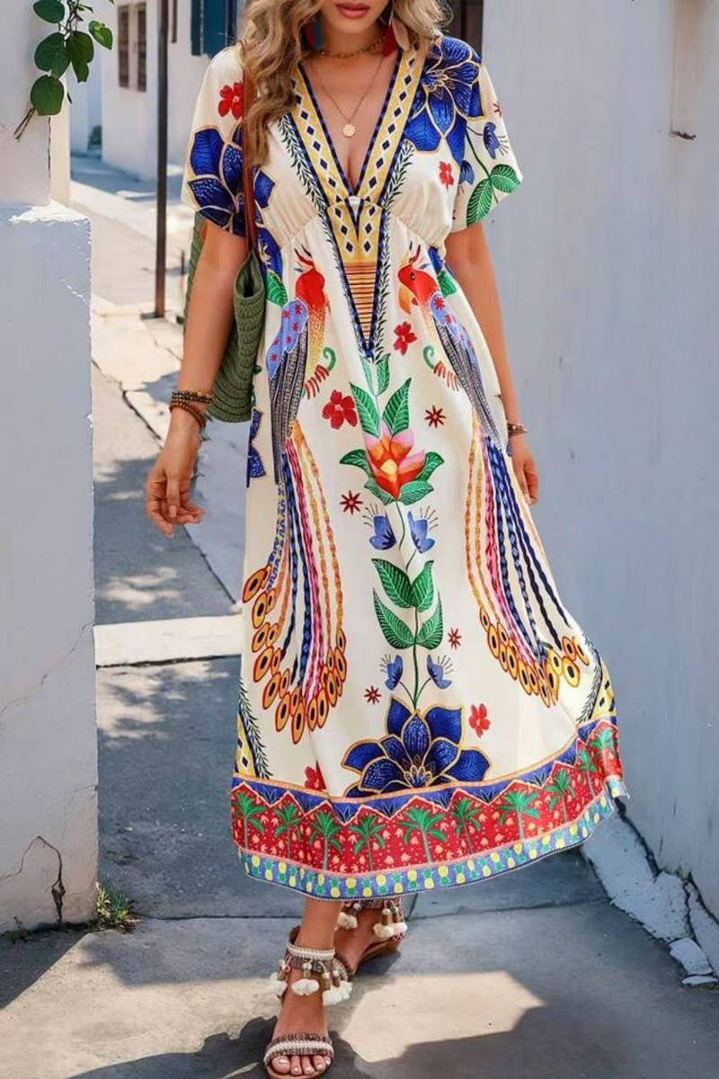 CWDMD5850_V-NECK FLORAL LOOSE FIT MAXI T-SHIRT DRESS