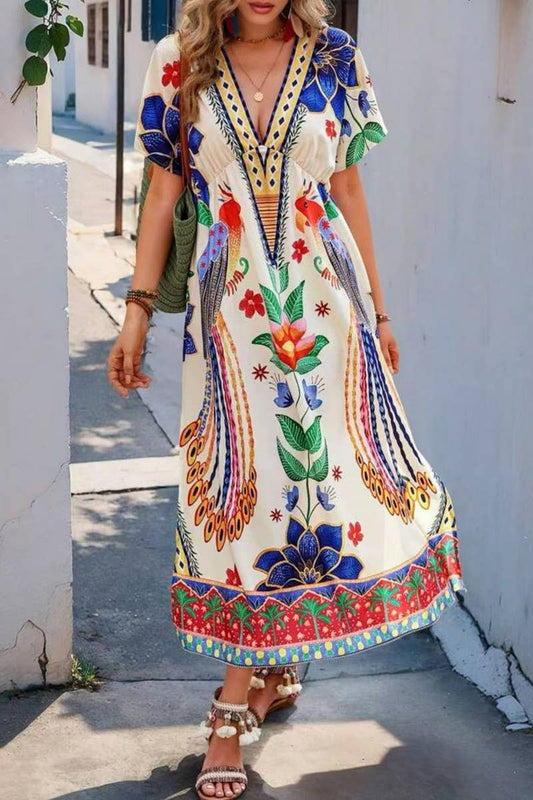 CWDMD5850_V-NECK FLORAL LOOSE FIT MAXI T-SHIRT DRESS