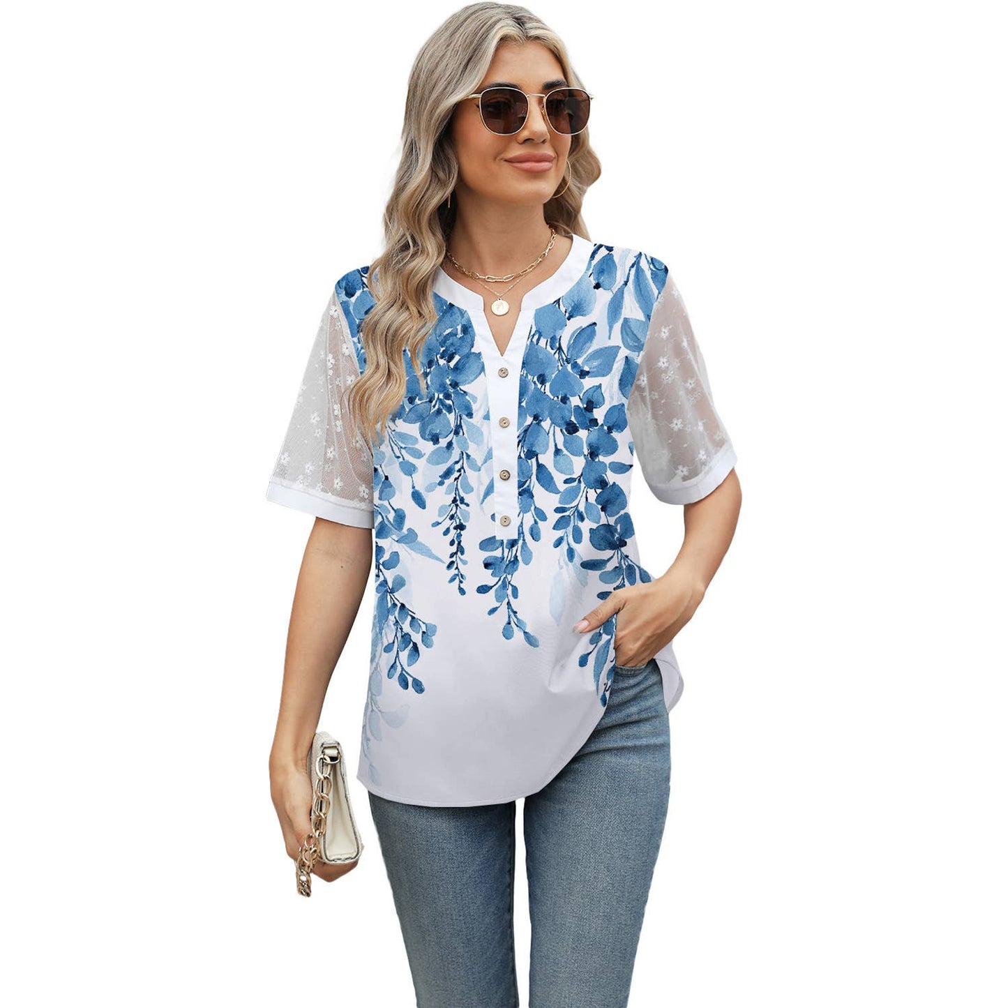 Patchwork Lace Sleeve V-Neck Print Chiffon Shirt