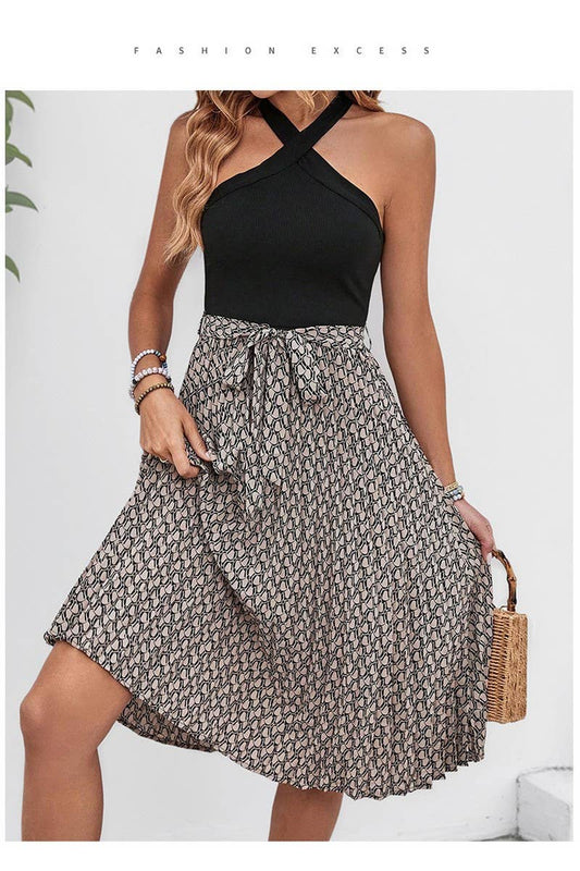 CWDHL0743_CASUAL HALTER COLORBLOCK CROSS NECK DRESS