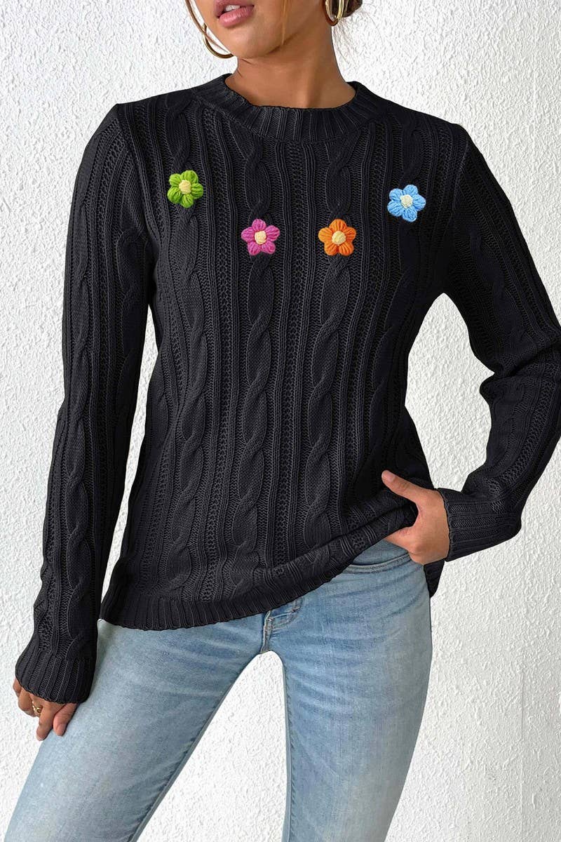 CWOSWL07409_WOMEN ROUND NECK KNIT SWEATER CROCHET PATCHWORK
