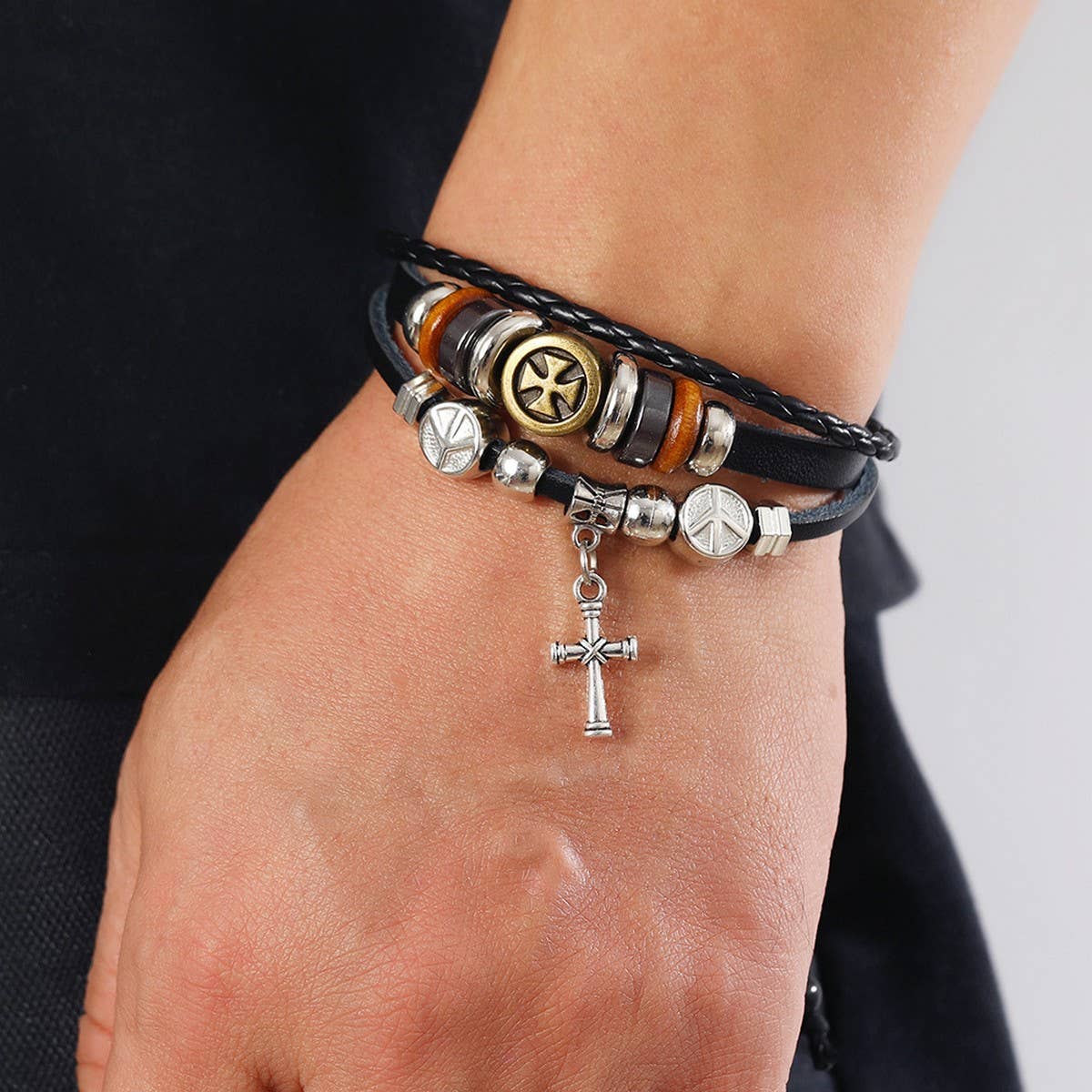CREATIVE BEADED CROSS LEATHER BRACELET