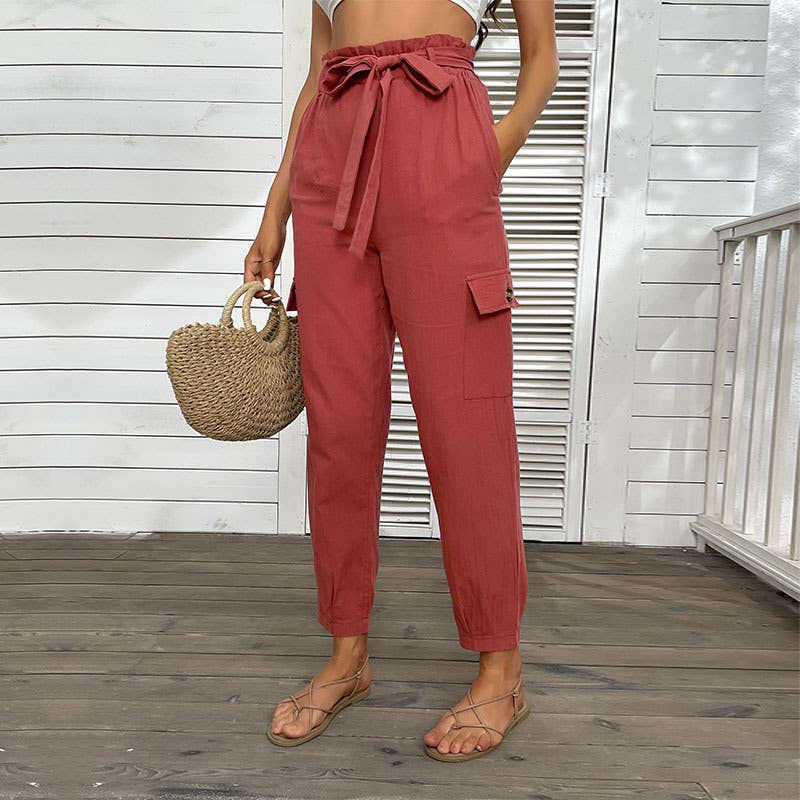 HIGH-WAISTED LACE-UP CASUAL CROPPED PANTS