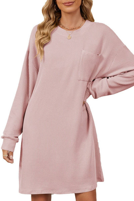CWDSD6364_ROUND NECK STRIPED POCKET LONG SLEEVE DRESS
