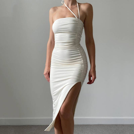 Pleated split backless strapless sexy slim dress