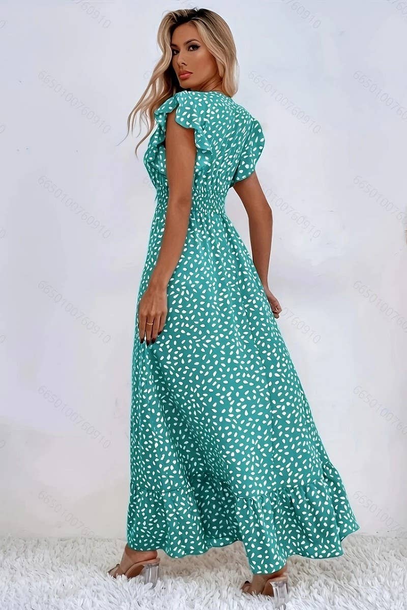 CWDMD6114_V-NECK FLORAL FRENCH STYLE SHORT SLEEVE DRESS