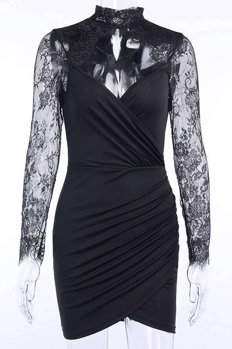 CWDSD6718_BLACK SEXY KNITTED LACE LONG SLEEVE DRESS