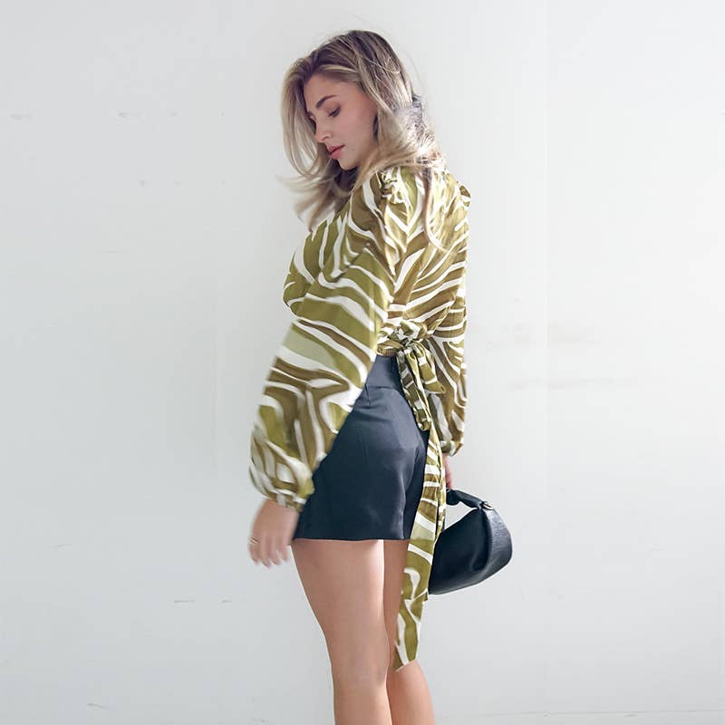 Women's short back lace-up print long-sleeved top