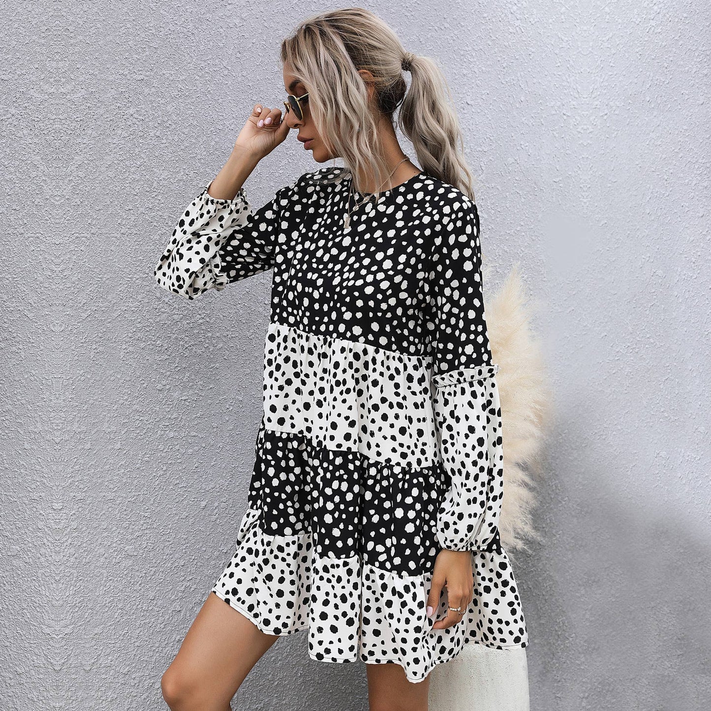 PRINT PATCHWORK RUFFLED SKIRT LONG-SLEEVED DRESS