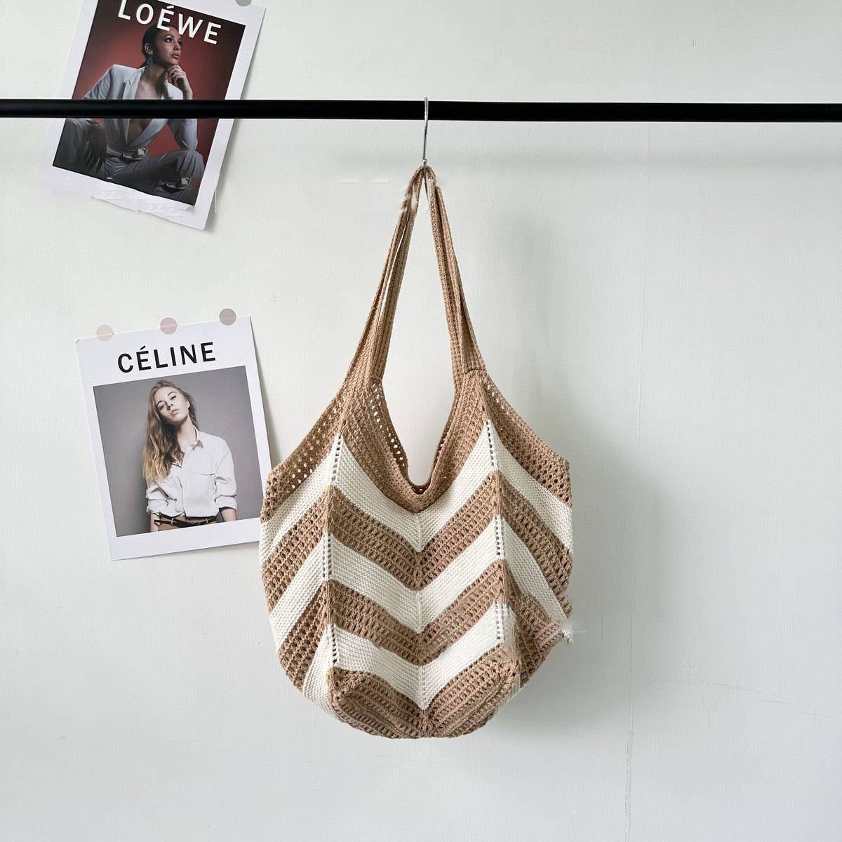 CUAB00635_2025 LARGE STRIPED KNIT WOVEN TOTE SHOULDER BAG