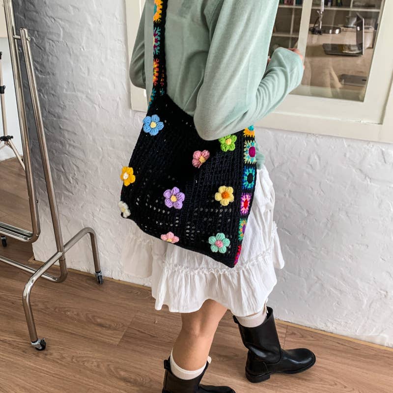 Ethnic-style artistic flower patchwork knit bag