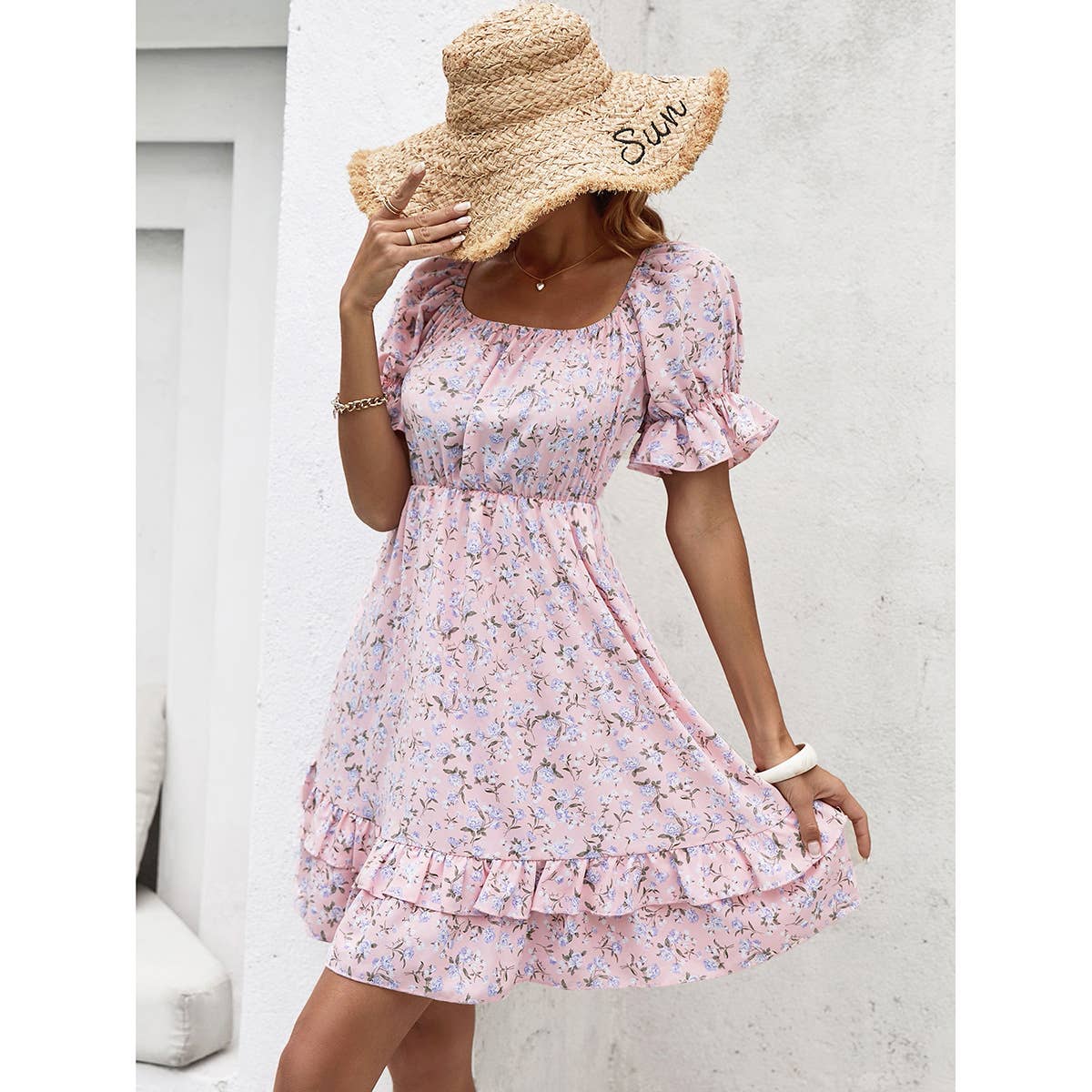FITTED FLORAL DRESS WITH SQUARE COLLAR