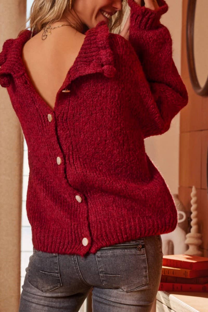 CWOSWL07058_HIGH-NECK RED LOOSE CARDIGAN KNITTED TOP