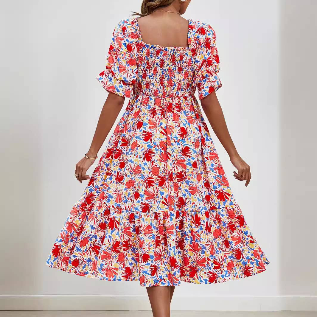 Pleated square collar print dress