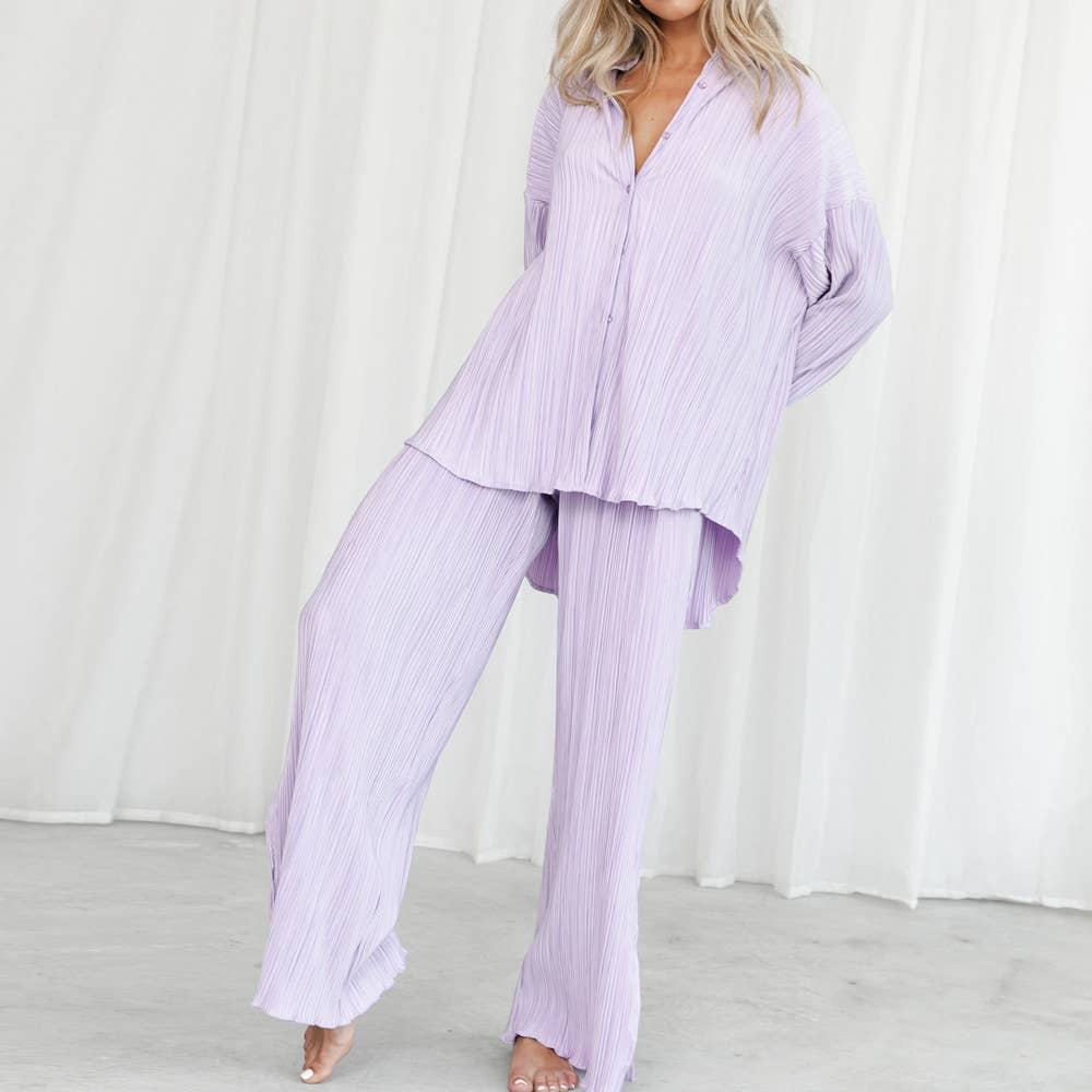 Pleated long-sleeved shirt, slit trousers set