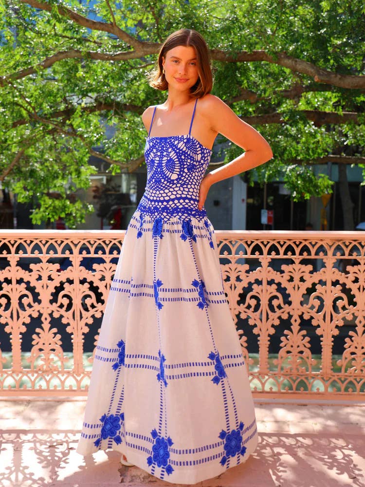 Stylish vintage print long swing halter dress