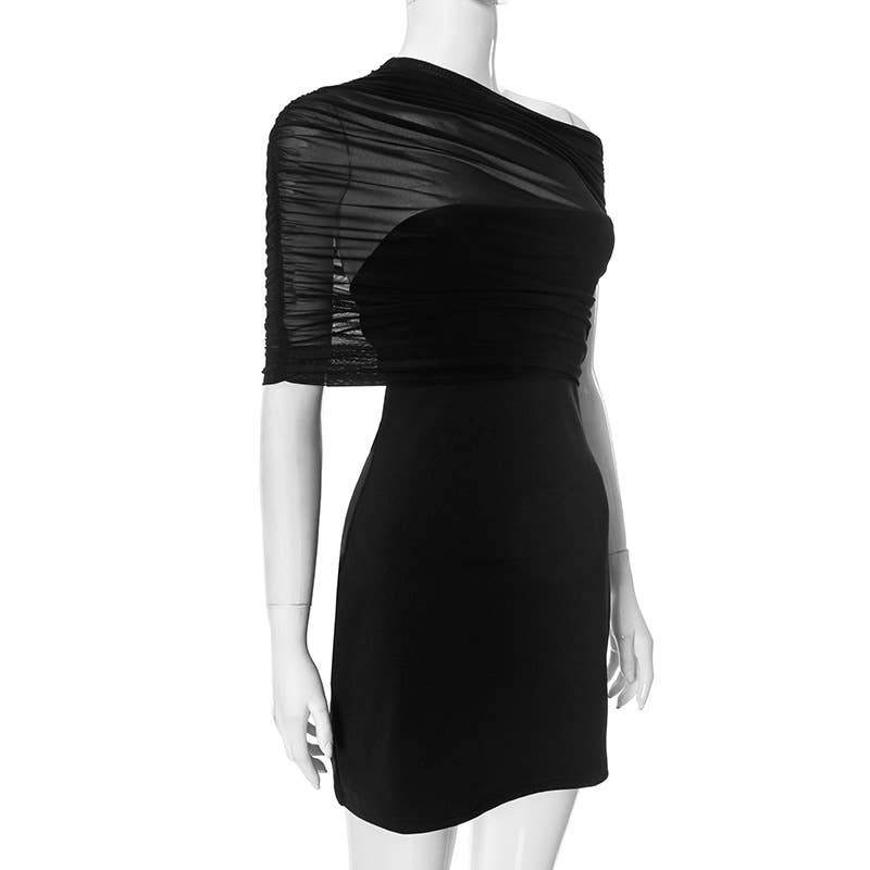 Sheer Mesh One-Shoulder Bodycon Dress