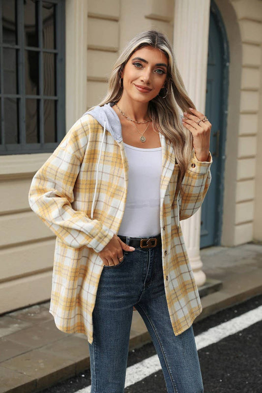 CWOCO0491_HOODED BUTTON-DOWN PLAID LONG-SLEEVED COAT