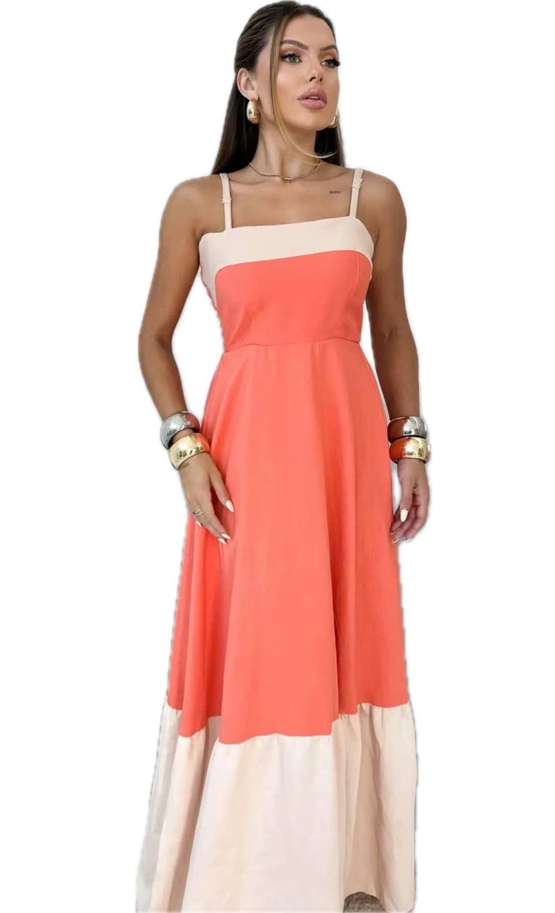 Fashionable long color-blocking halter dress