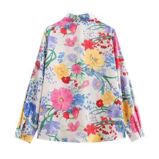 Lapel floral print silk satin textured shirt