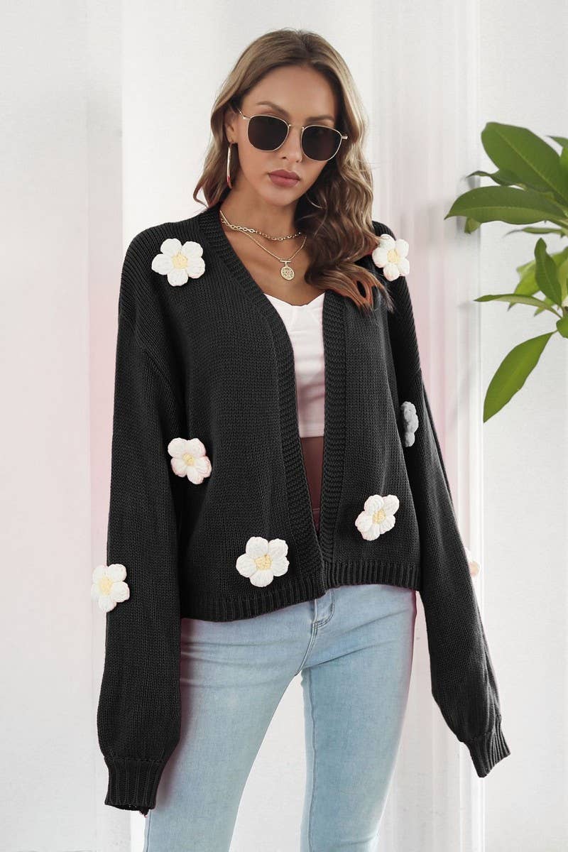 CWOCAL1182_EMBROIDERED FLOWER LANTERN SLEEVE KNIT CARDIGAN