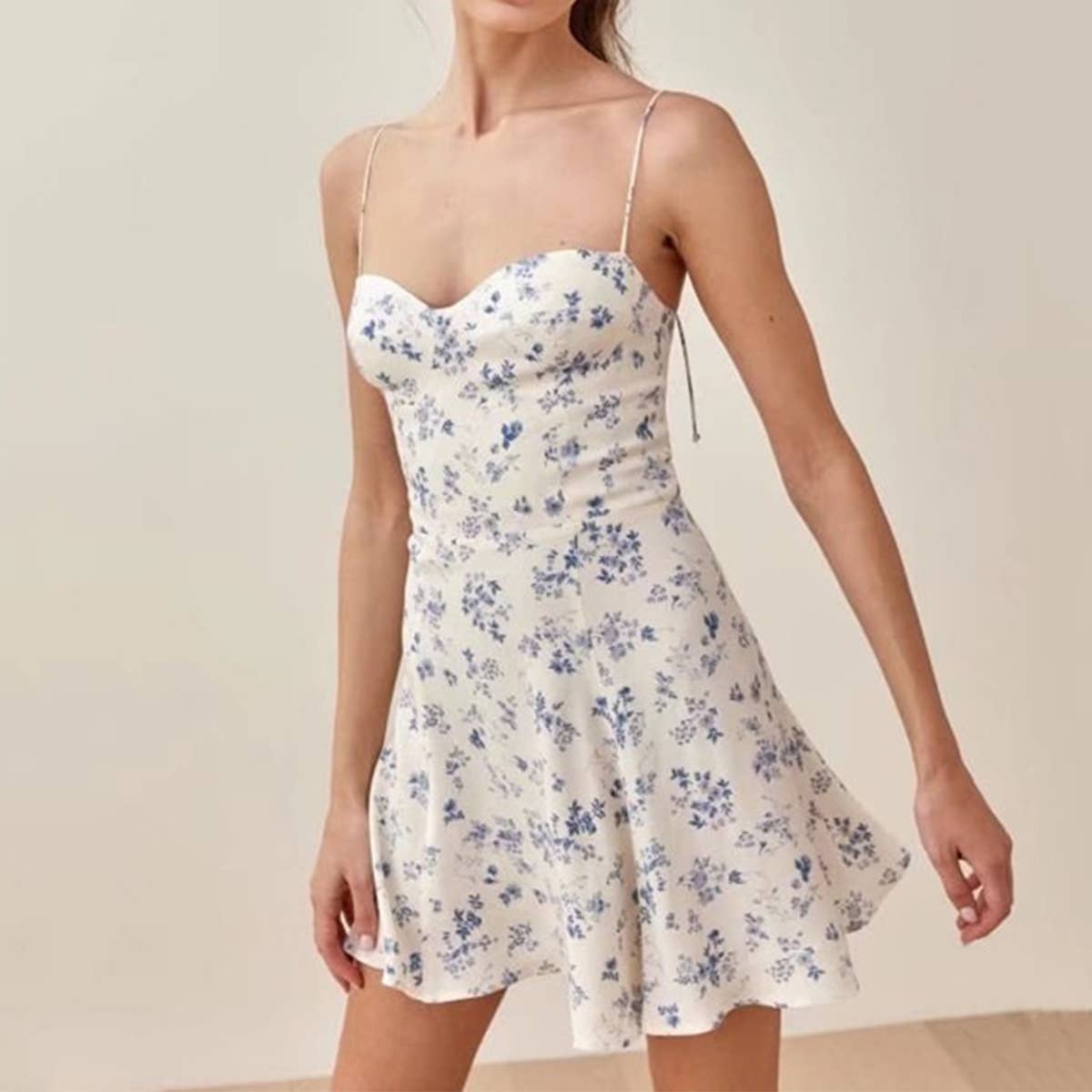 V-neck, cinched waist, halter strap  short dress