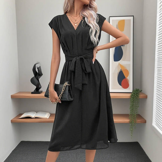 Simple,elegant versatile V-neck lace-up dress