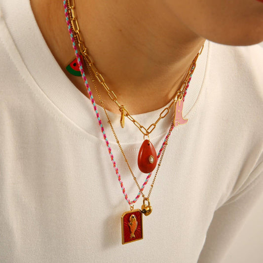 Fruit Pendant Necklace with Stone & Cotton Cord