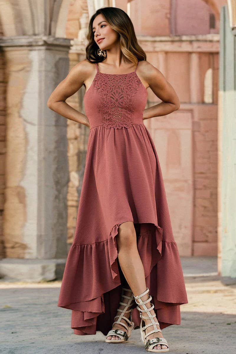 CWDMD6183_LACE TRIM ASYMMETRICAL A-LINE CAMI DRESS