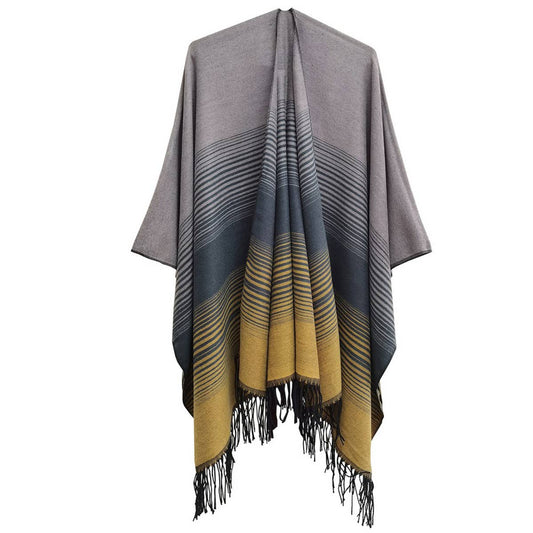 GRADIENT FINE LINES TASSELS WARM SHAWL CLOAK