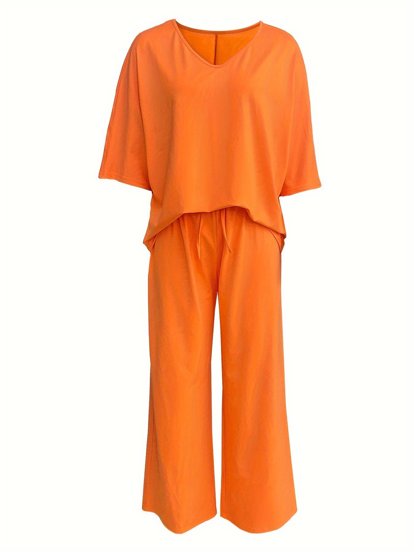 V-neck bat-sleeve loose wide-leg pants set