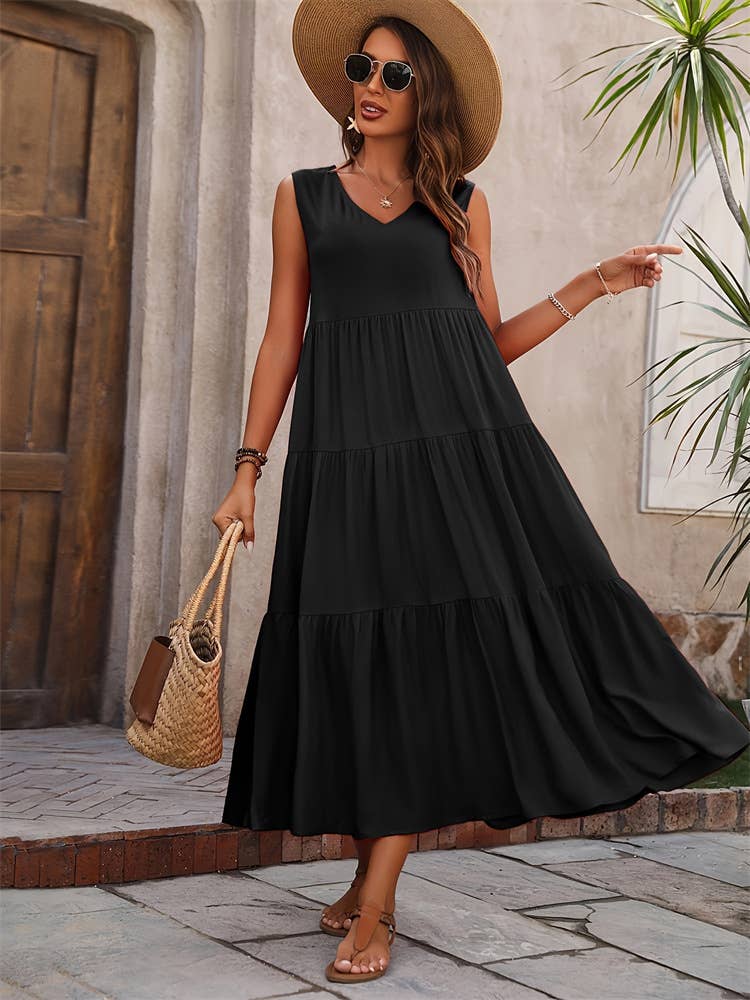 V-NECK TIERED PATCHWORK HEM LOOSE DRESS