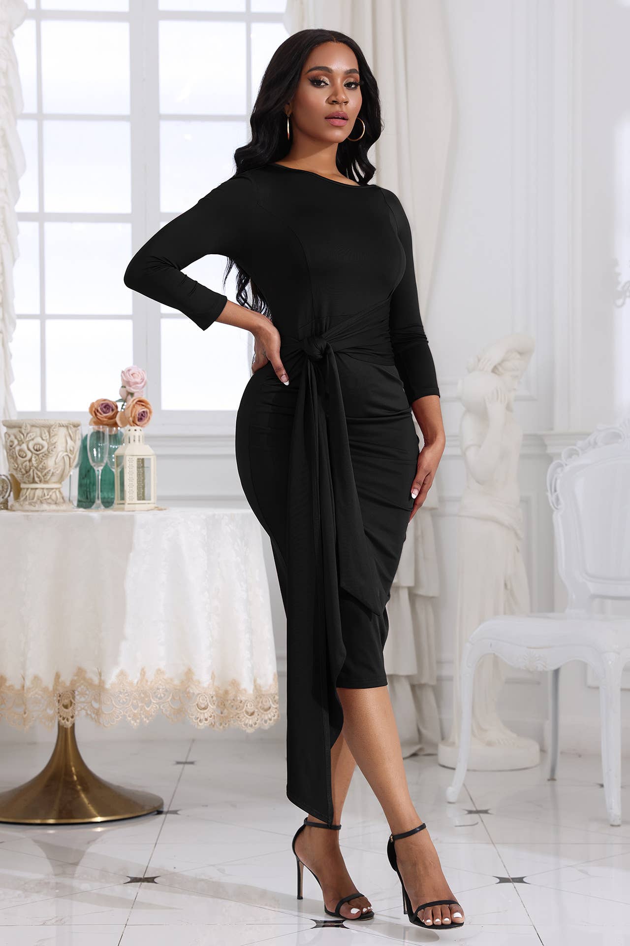 PLEATED LACE-UP HIP-HUGGING DRESS