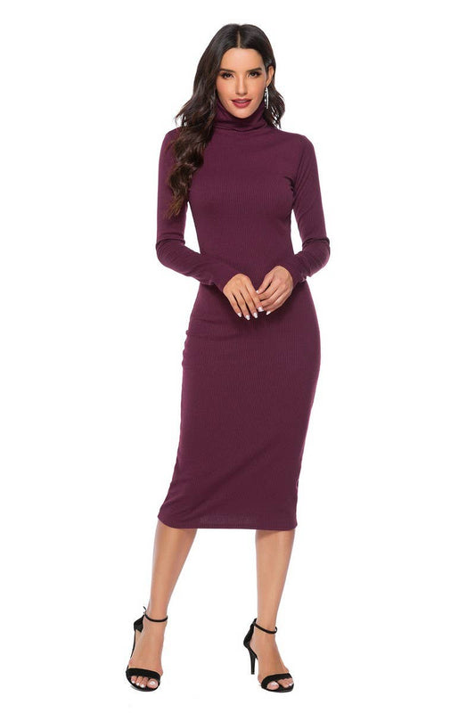 CWDMD3953_SOLID COLOR HIGH COLLAR KNITTED BOTTOMING DRESS