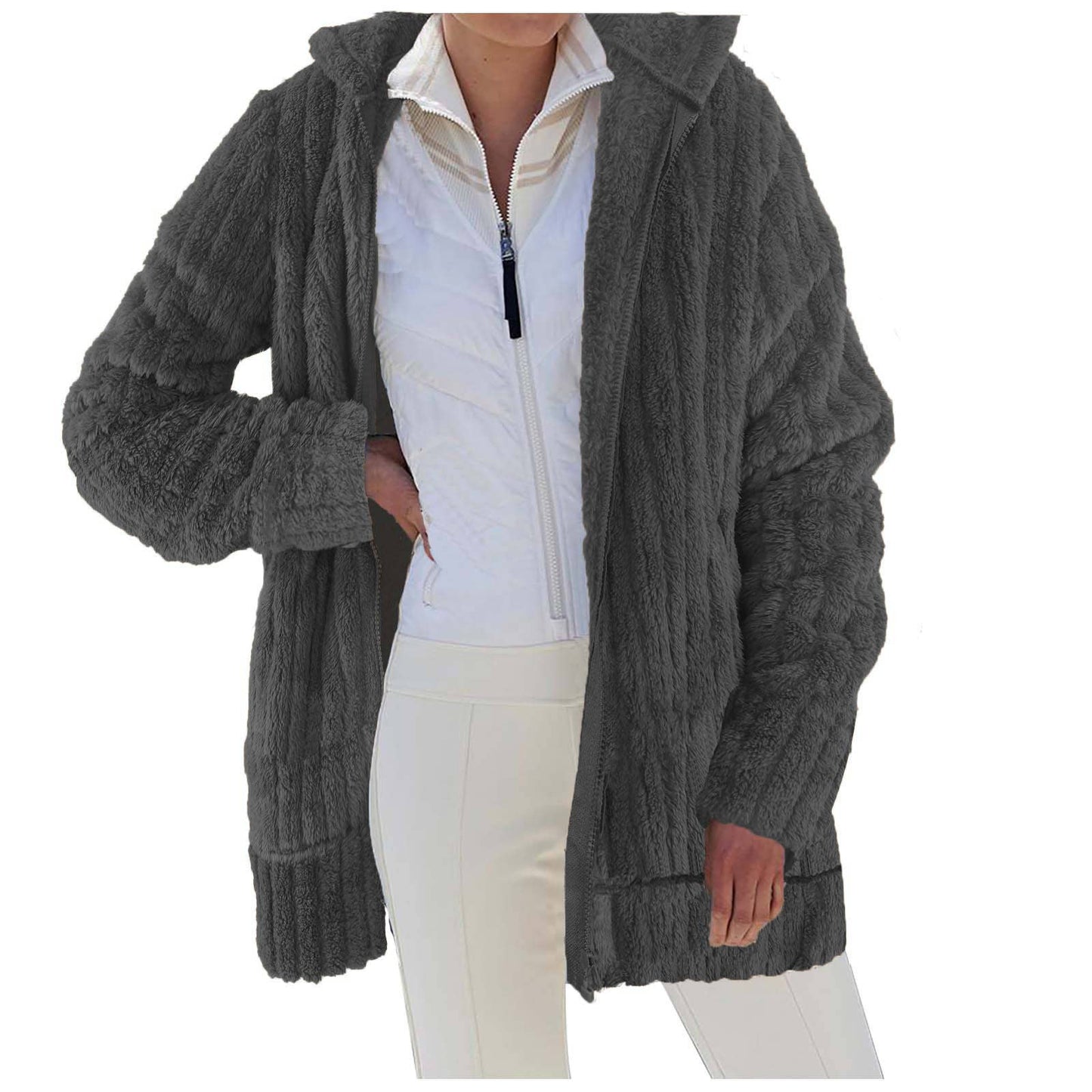 WARM PLUSH MID-LENGTH COAT WITH SOLID LAPELS