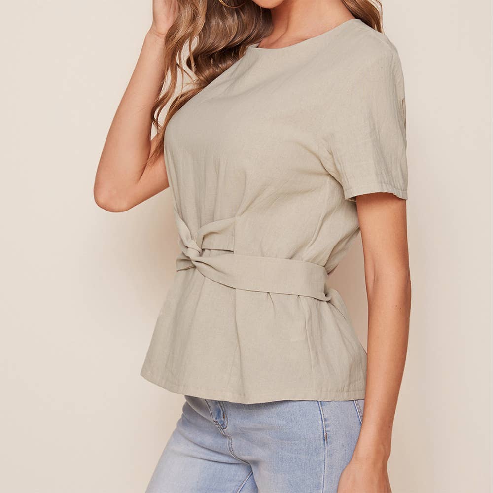 Round neck short-sleeved T-shirt belted tunic top