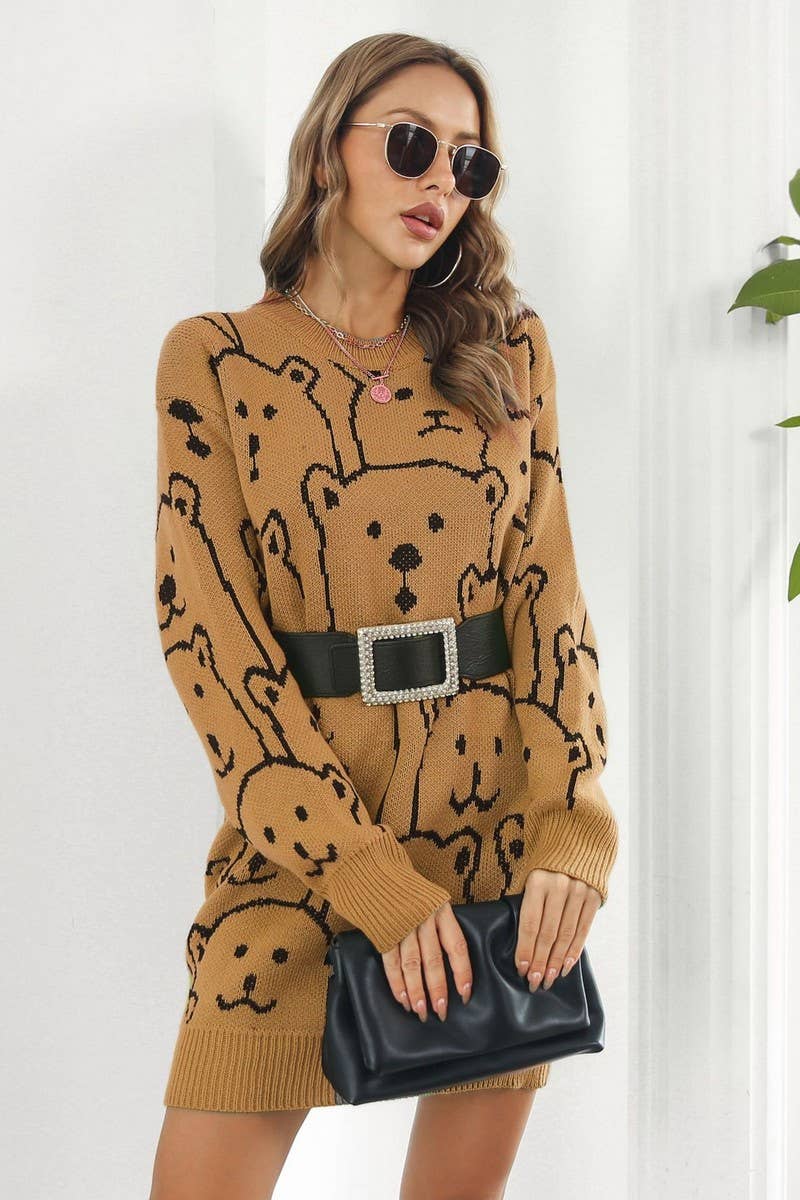 CWDSD7336_SWEET LOOSE BEAR JACQUARD KNITTED DRESS