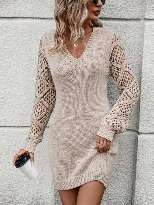 SOLID COLOR CUT-OUT V-NECK SWEATER DRESS