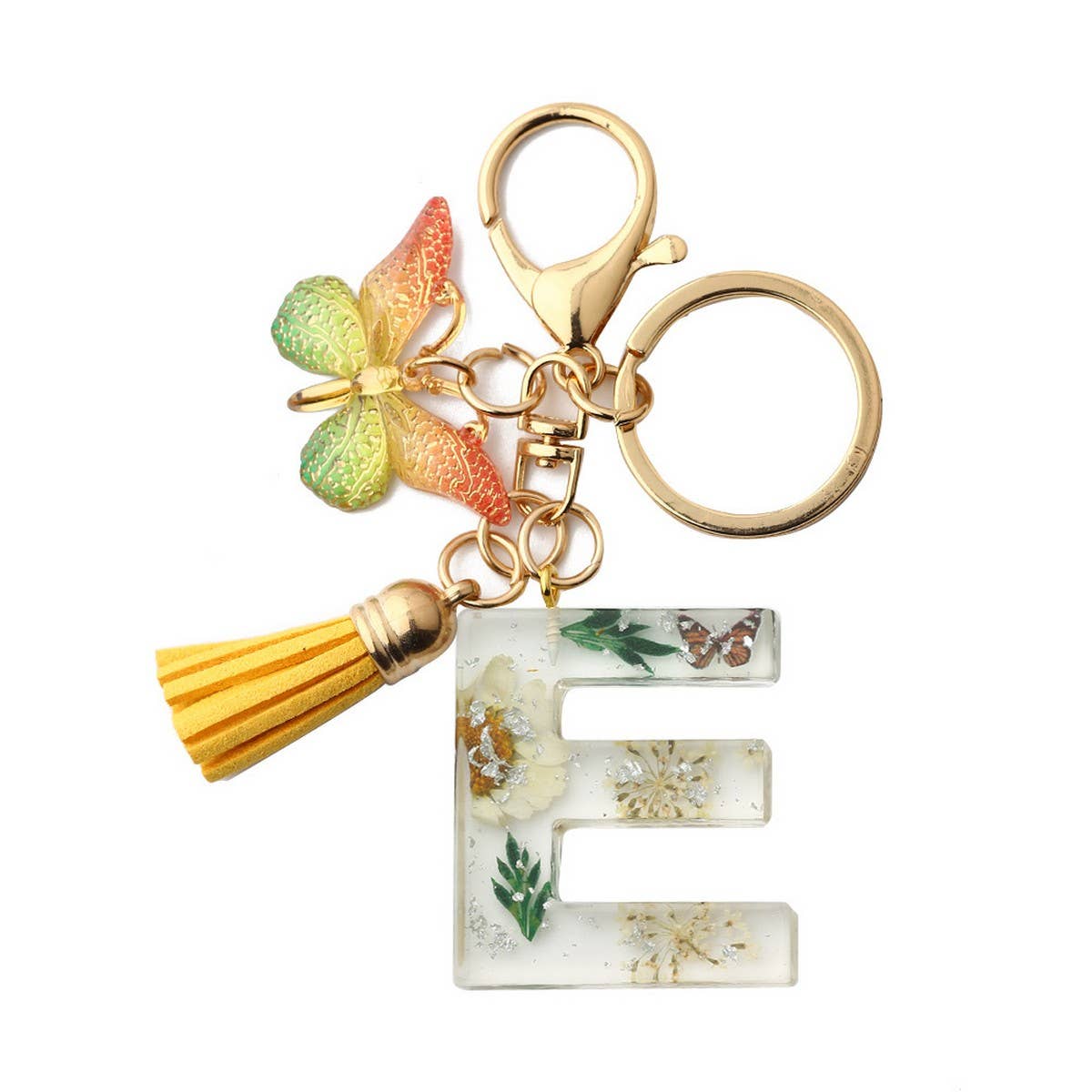 Flower Letter Keychain with Yellow Butterfly Charm_CWAB5090