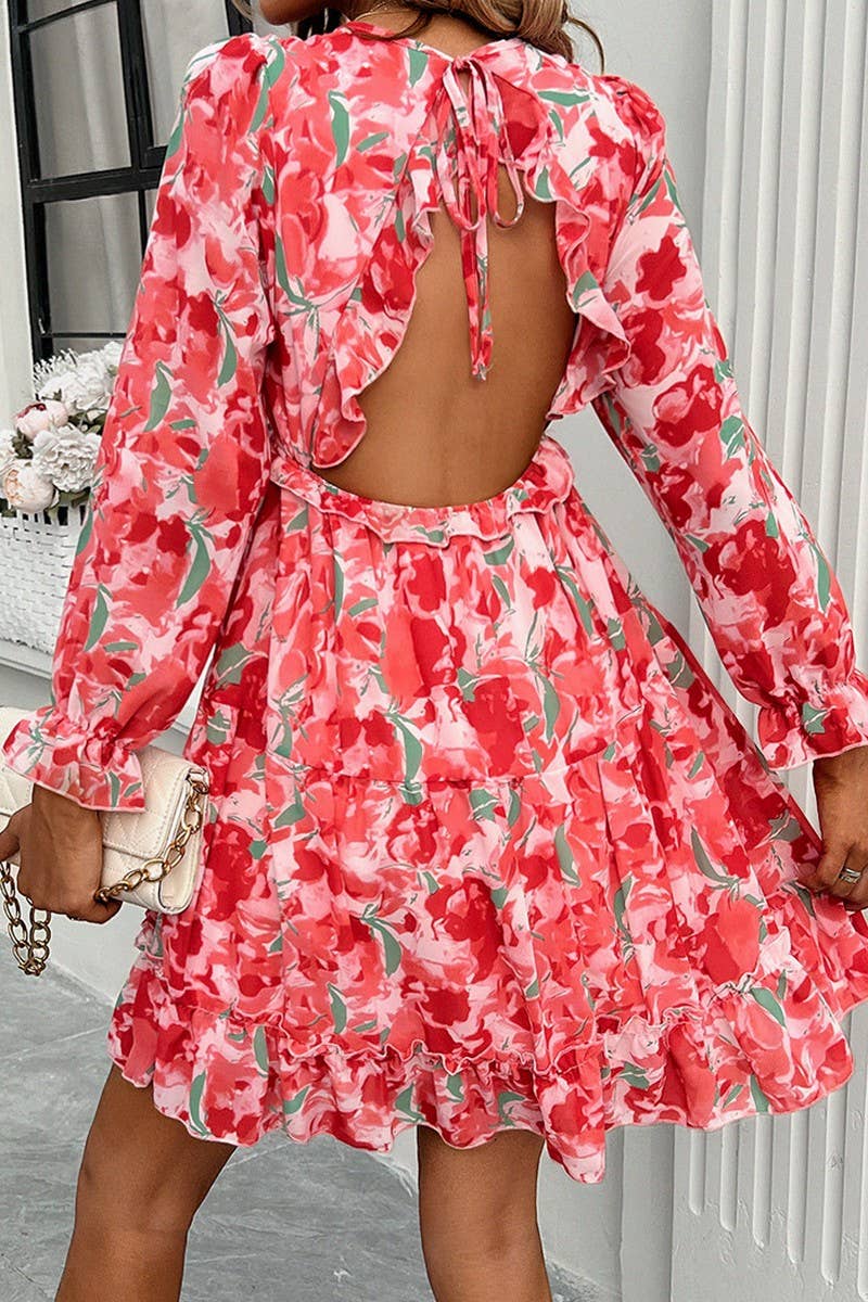 CWDSD7137_ELEGANT PRINTED V NECK LONG SLEEVE DRESS