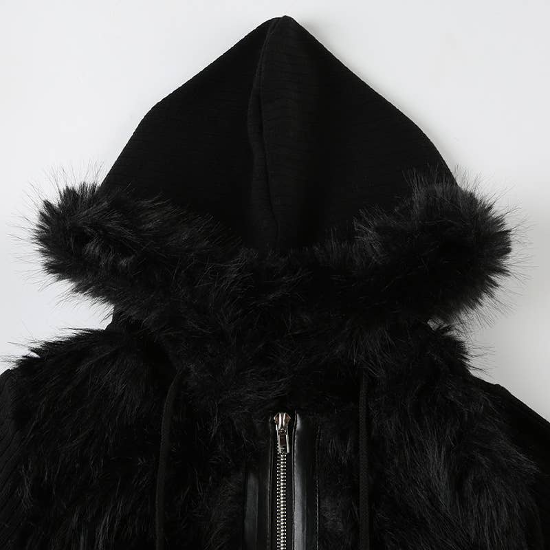 VINTAGE CRATERED PATCHWORK FURRY HOODIE JACKET