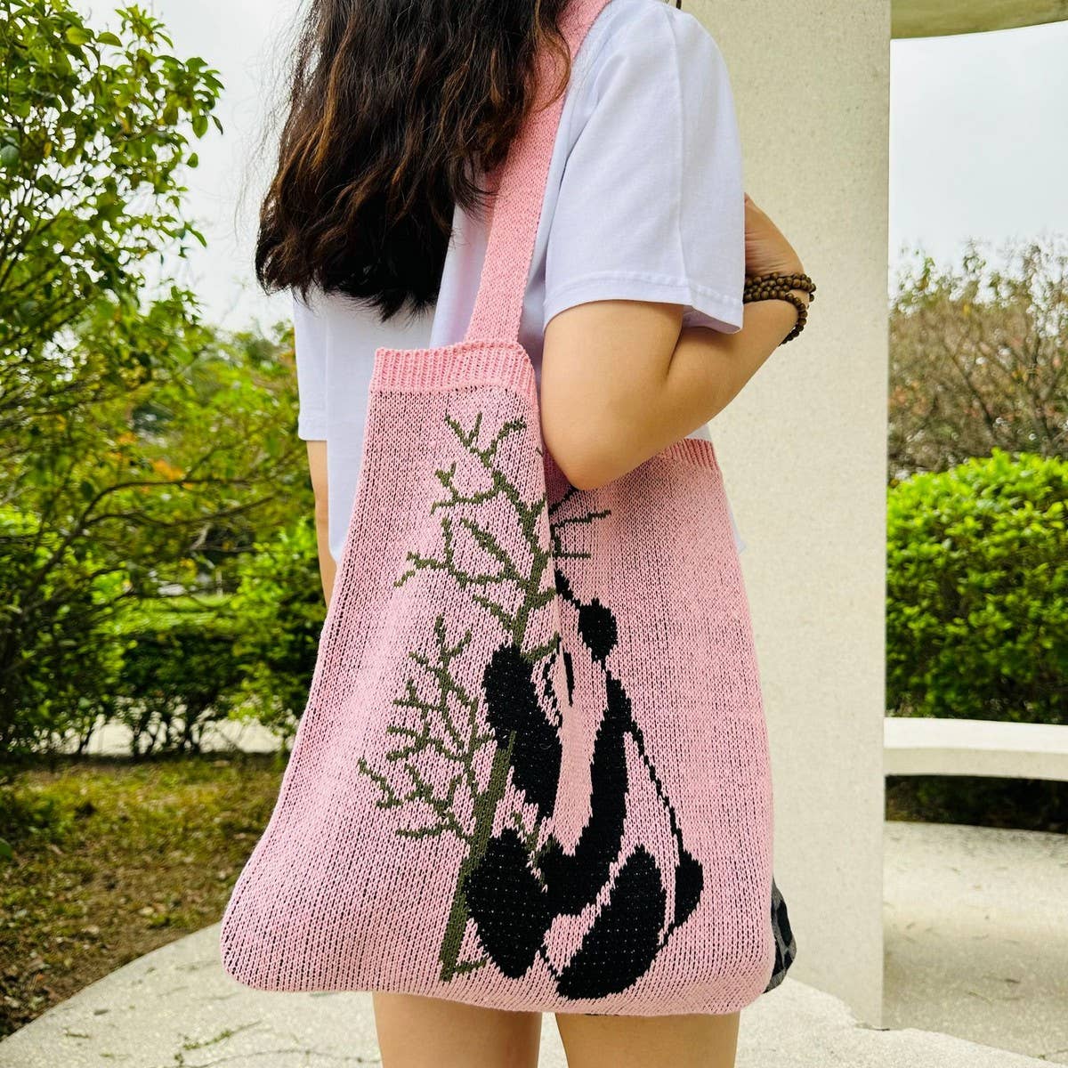 CWAB4581_PANDA PATTERN KNITTED HOLLOW WOVEN SHOULDER BAG