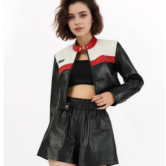 Colorblock Biker Bomber ? Cropped PU Jacket Women