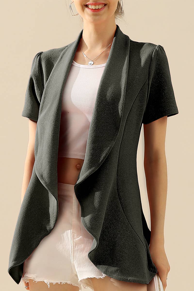 CWOBL095_Short Sleeve Open Front Draped Ruffles Blouses