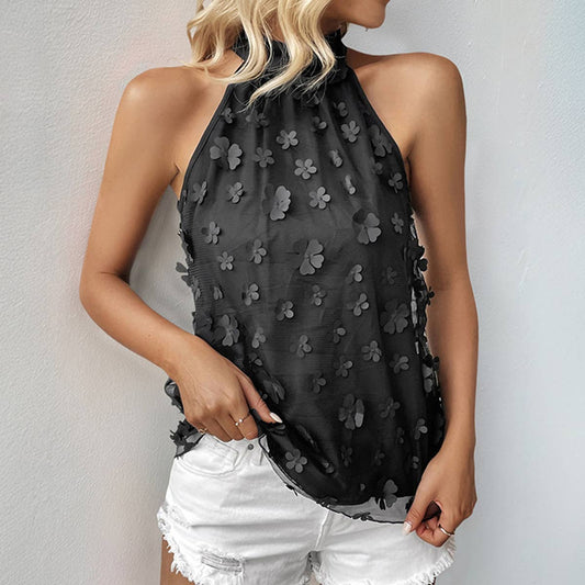 Sleeveless Halter Tie 3D Appliqu? Organza Top