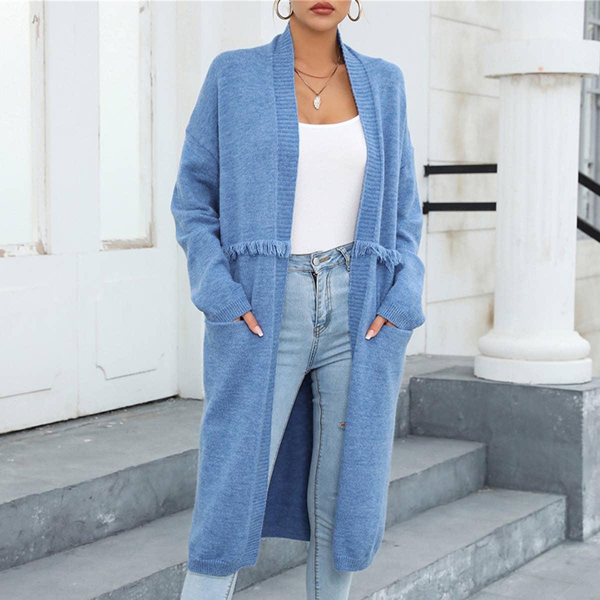 LONG CARDIGAN POCKET STYLE FRINGE COAT SWEATER