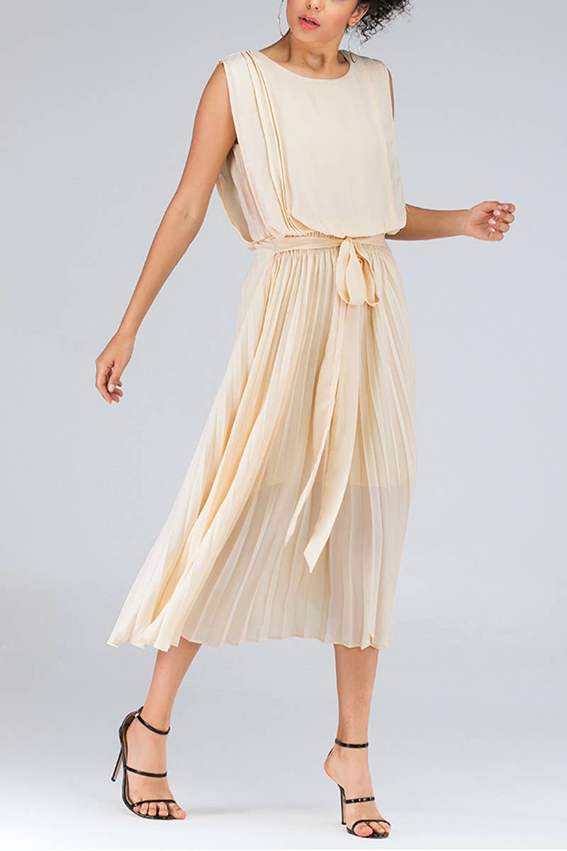 PINCHED BOW PLEATED CHIFFON SLEEVELESS DRESS